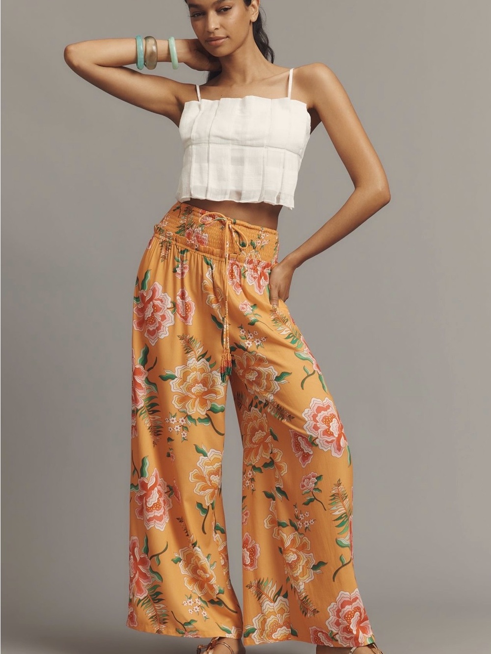 FARM RIO X ANTHROPOLOGIE SMOCKED FLORAL WIDE-LEG PANTS medium xlg - Picture 5 of 7